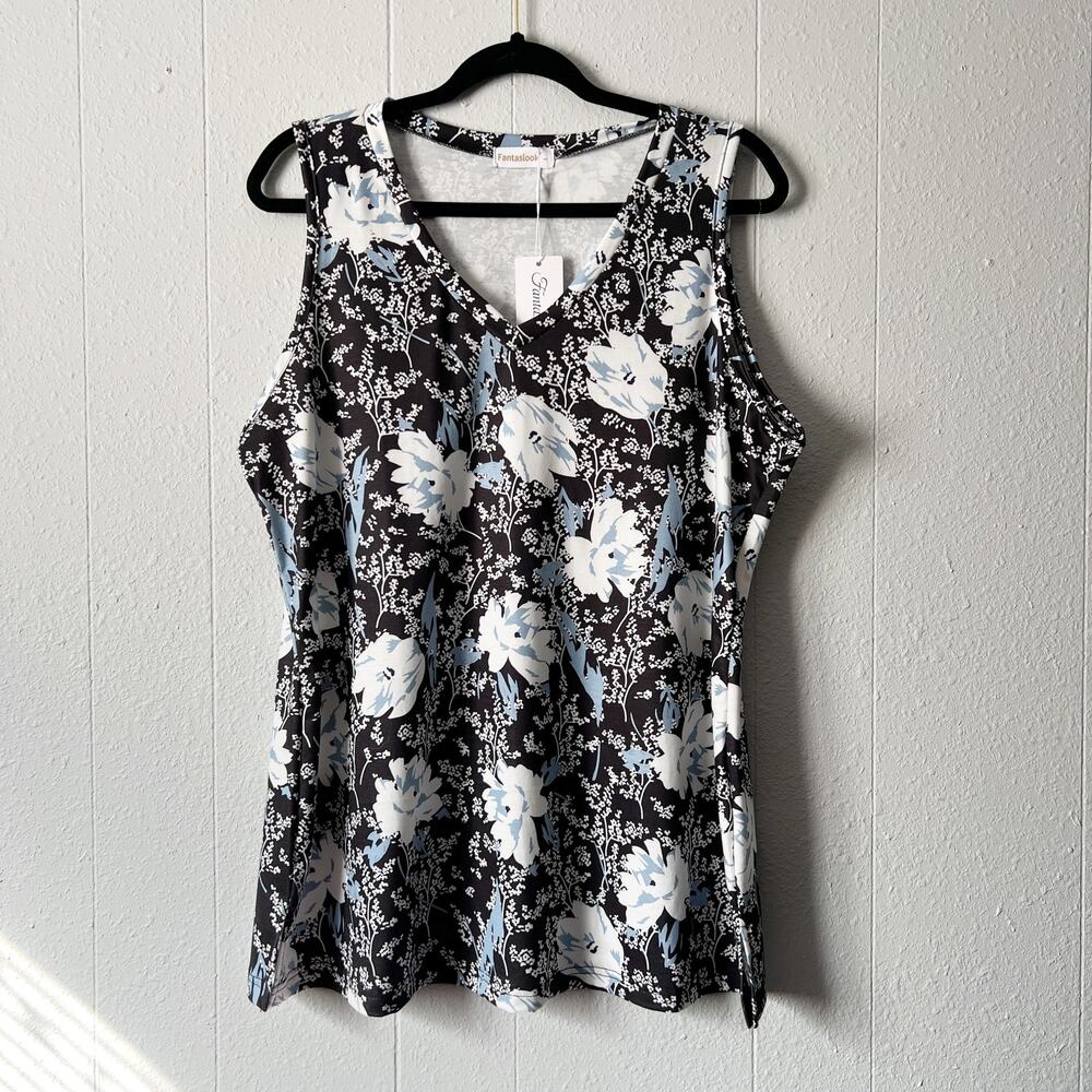 Fantaslook Top Women Large Dark Floral Stretch Minimalist Career Workwear Casual